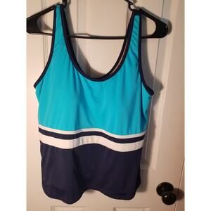 LL Bean Women Trendy Navy Blue White Stripe Tankini Top Sz 16 50 SPF SUN PROTECT